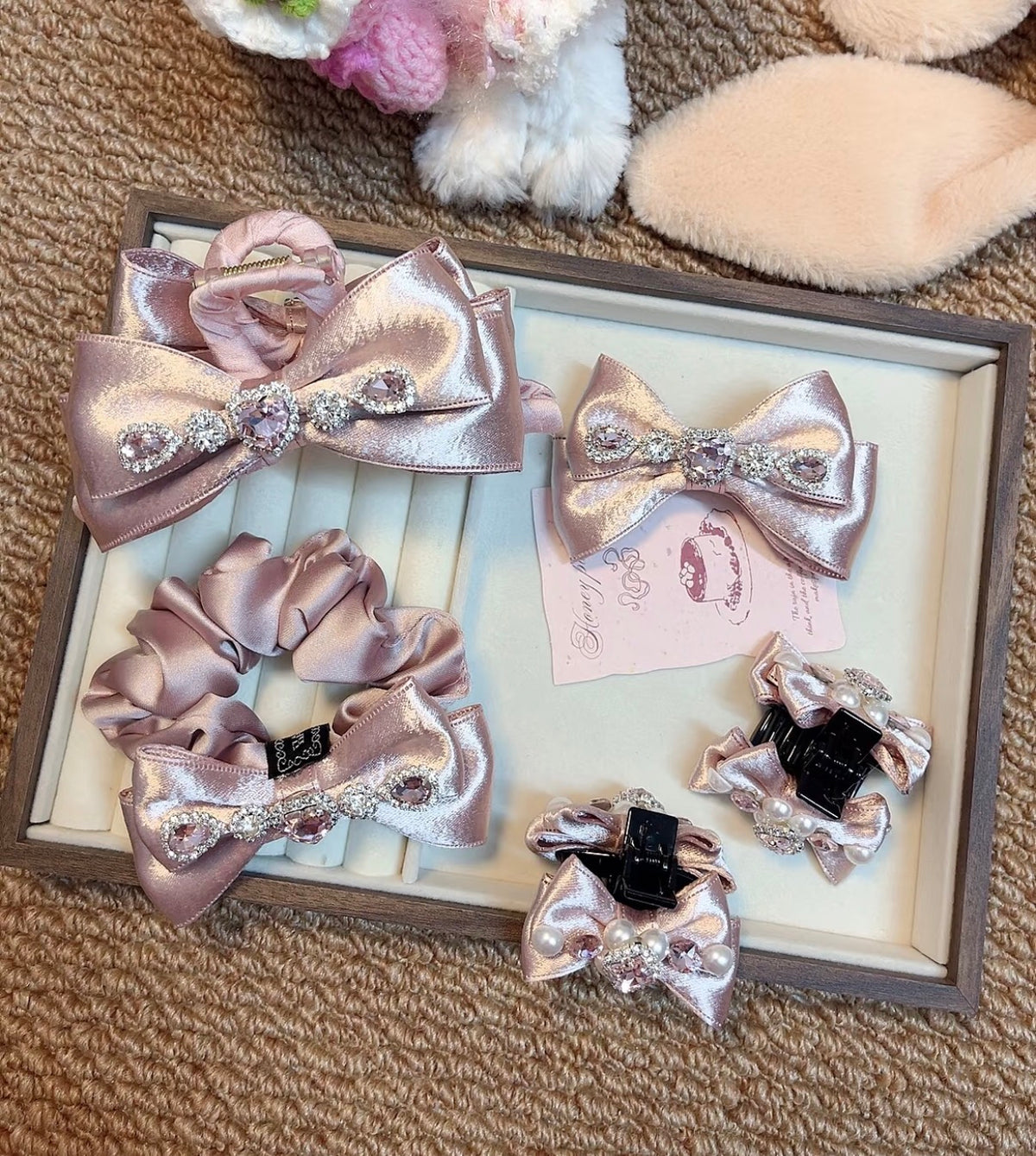 Pink Rhinestone Satin Hair Clip & Scrunchie - 1