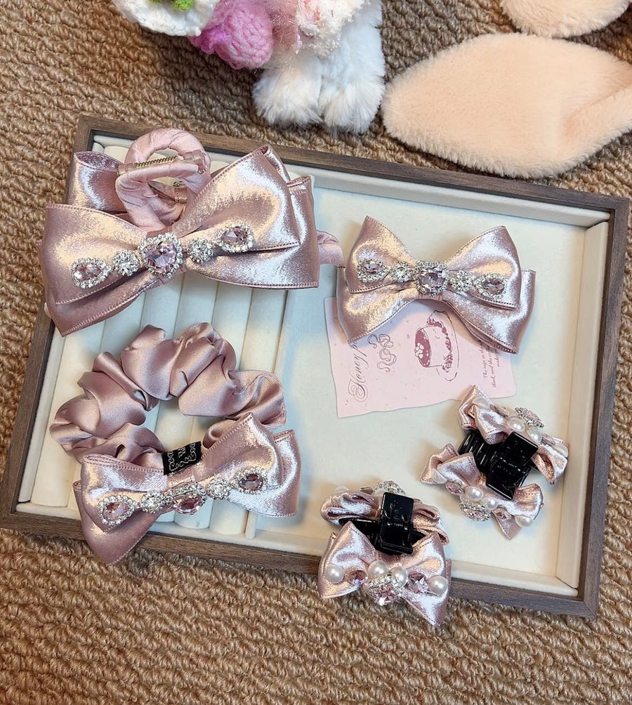 Pink Rhinestone Satin Hair Clip & Scrunchie - 1